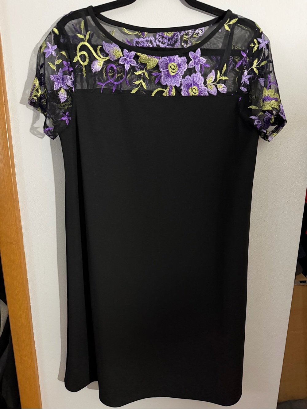 AGB Black Midi Dress with Purple & Lime Floral Embroidery